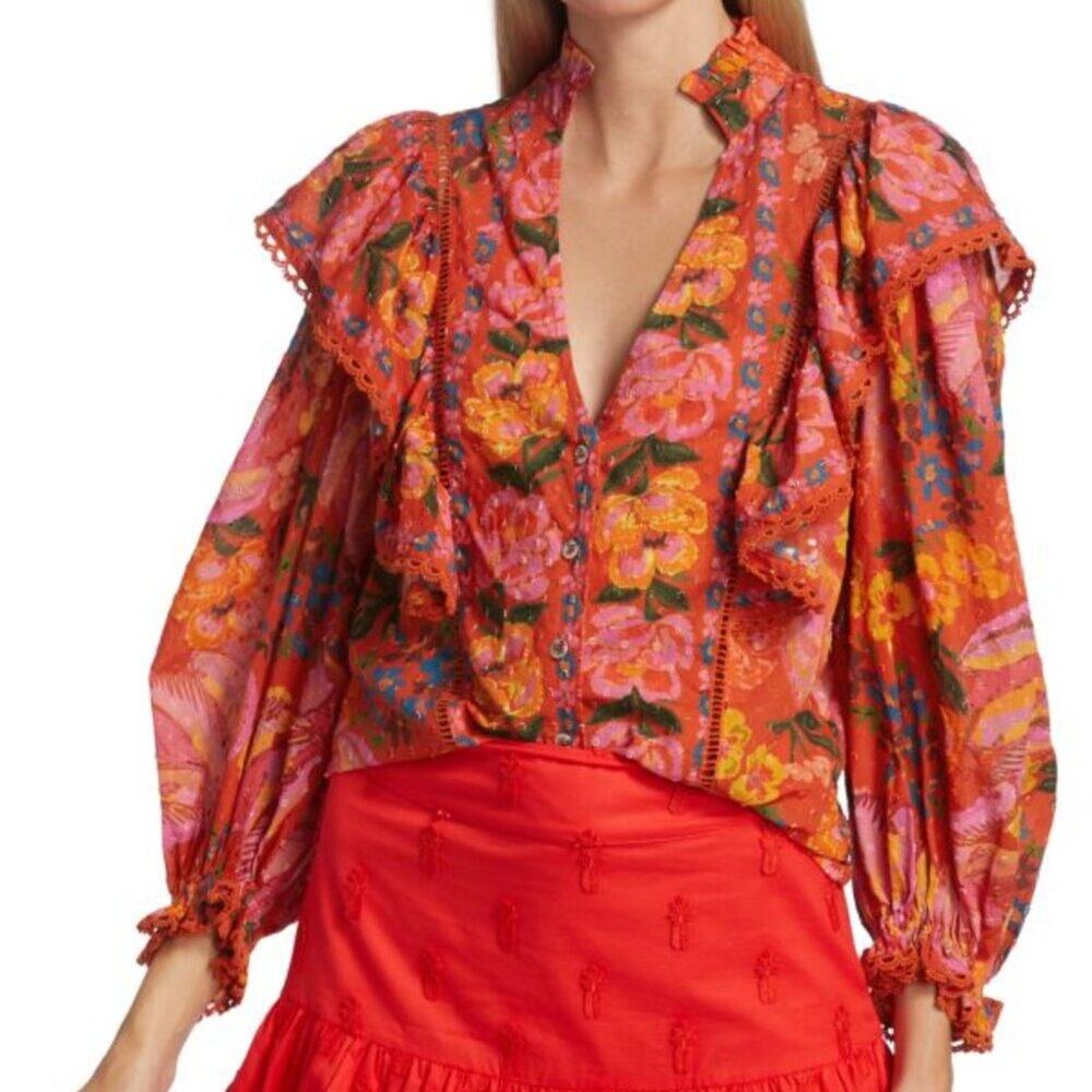 Farm Rio Bananas Ruffle Clip Dot Textured Cotton Blouse RED Puff Sleeve XS